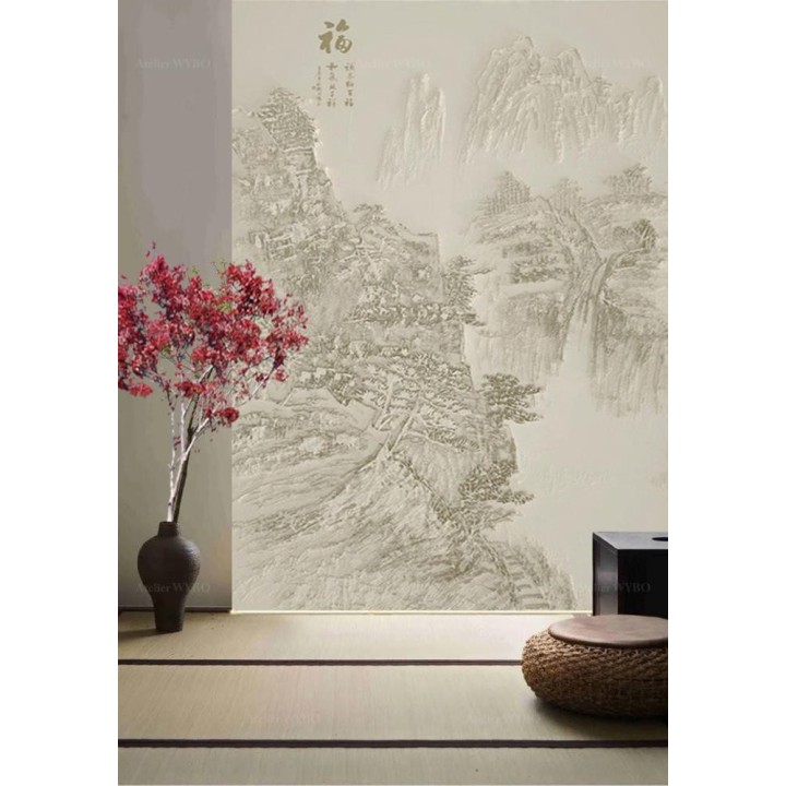 Toile imprimée déroulante, sur mesure, ton beige  paysage de la montagne avec idéogrammes chinois