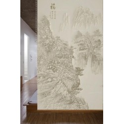 Panneau chinois effet bas relief sculpté ton beige - Paysage de la montagne