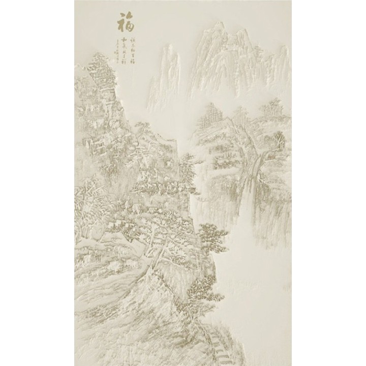 Toile imprimée en relief, montagne et idéogrammes chinois, couleur beige crème