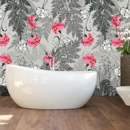 Crédence de baignoire XXL, panneau étanche décoratif avec fleurs d'oeillets et fougères