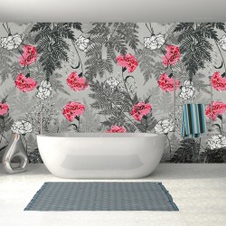 Déco salle de bain florale, mur de baignoire étanche, œillets roses et blanches et fougères grises.