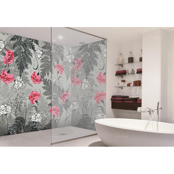 Panneau de douche décoratif en PVC étanche, ambiance printemps, fleurs d'oeillets et plantes fougères sur fond gris.