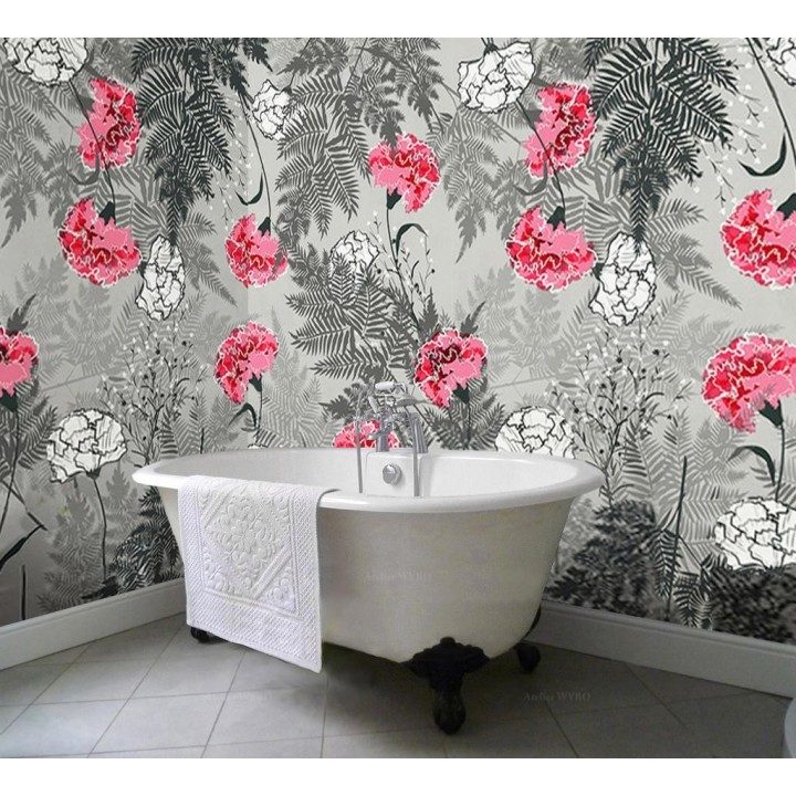Mur de baignoire étanche en PVC, fleurs oeillets rose et blanc sur fond gris, déco salle de bain style exotique.