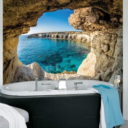 Panneau décoratif pour baignoire en PVC avec paysage trompe l'œil 3D - Décor Côte littorale vue mer depuis la grotte et rocher
