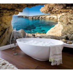 Panneau PVC étanche pour baignoire avec paysage trompe l'œil en 3D - Vue sur côte littorale vue depuis une grotte