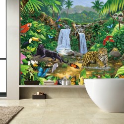 Panneau étanche en PVC pour salle de bain fabrication sur mesure, décor mural avec panthères et animaux de la jungle.