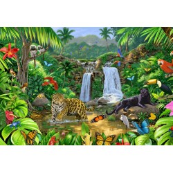 Fresque murale jungle enchantée, chute d'eau et les félins.