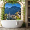 Panneau mural 3D pour salle de bain décor arche, village et montagne