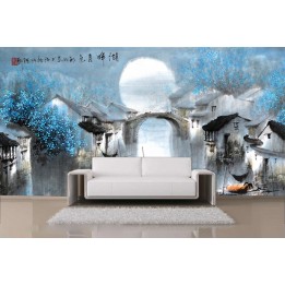 Papier peint chinois personnalisé paysage zen petit village dans la nuit bleu