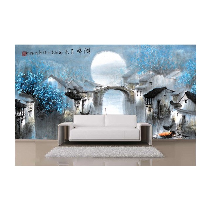 Papier peint chinois personnalisé paysage zen petit village dans la nuit bleu