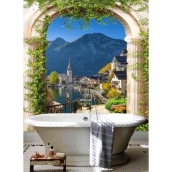 Revêtement mural pour salle de bain, effet de profondeur, 3D, vue sur village et nature
