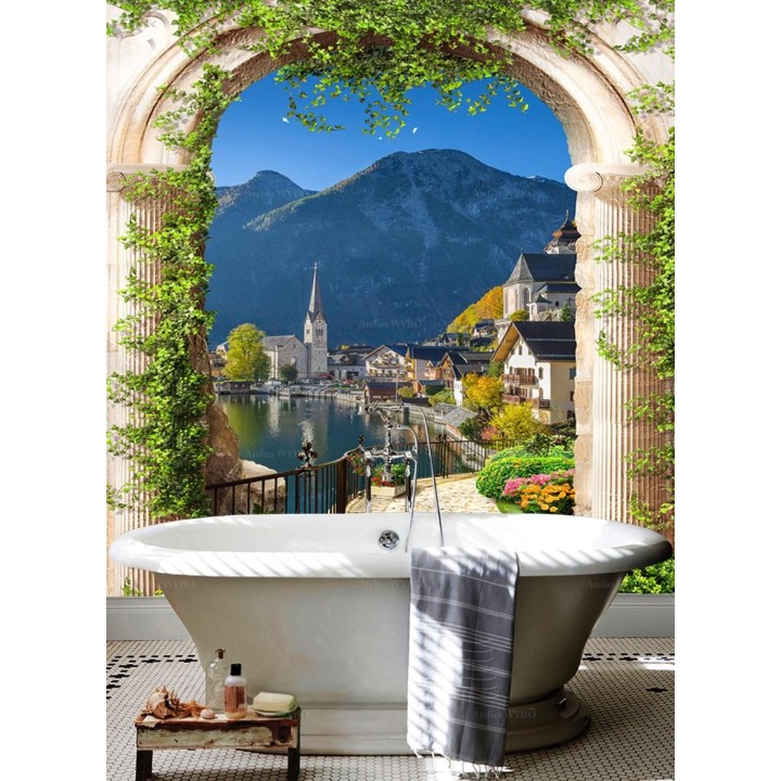 Revêtement mural pour salle de bain, effet de profondeur, 3D, vue sur village et nature