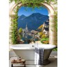 Revêtement mural pour salle de bain, effet de profondeur, 3D, vue sur village et nature