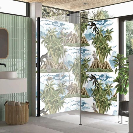 Panneau de douche tropical en PVC, étanche - Singes, palmiers et îles dans l'océan