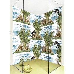 Panneau de douche PVC thématique tropical, singes, palmiers et îles dans l'océan - Revêtement mural étanche