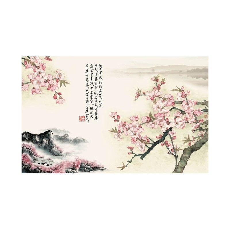 Tapisserie florale style asiatique - Paysage avec les fleurs de pêcher et le poème