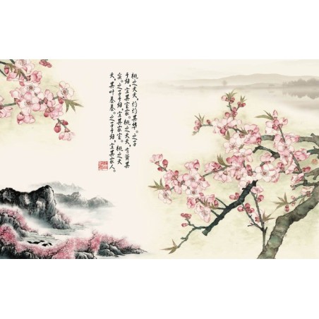 Tapisserie florale style asiatique - Paysage avec les fleurs de pêcher et le poème