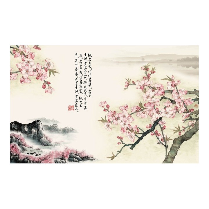 tapisserie numérique paysage asiatique sur mesure lesfleurs de pêcher avec le poème