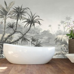 Décoration salle de bain ambiance tropicale, fresque murale étanche arbres et plantes exotiques ton gris.