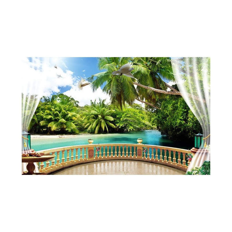 Papier peint 3D paysage tropical - Sur le balcon avec les cocotiers - Extension d'espace