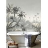Lambris PVC décoratif paysage panoramique de la jungle, salle de bain grise décor mural élégant.