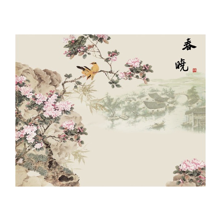 décoration d'intérieur tapisserie numérique sur mesure style asiatique paysage avec les fleurs de cerisier et les oiseaux