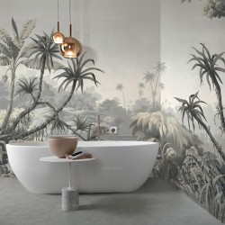 Salle de bain ton gris, design vintage ambiance jungle.