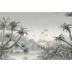 Papier peint étanche panoramique sur mesure, paysage de la jungle teinte grise, décor élégant.