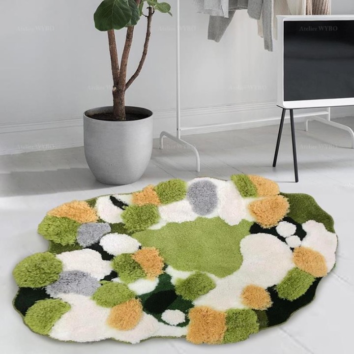 Tapis design moderne mousse verte et jaune lichen blanc, lavable à la machine.