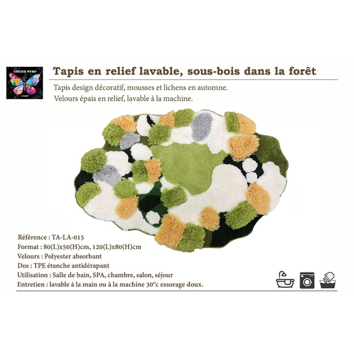 Tapis 3D salle de bain couleur verte, jaune et blanc, sous-bois dans la forêt d'automne.