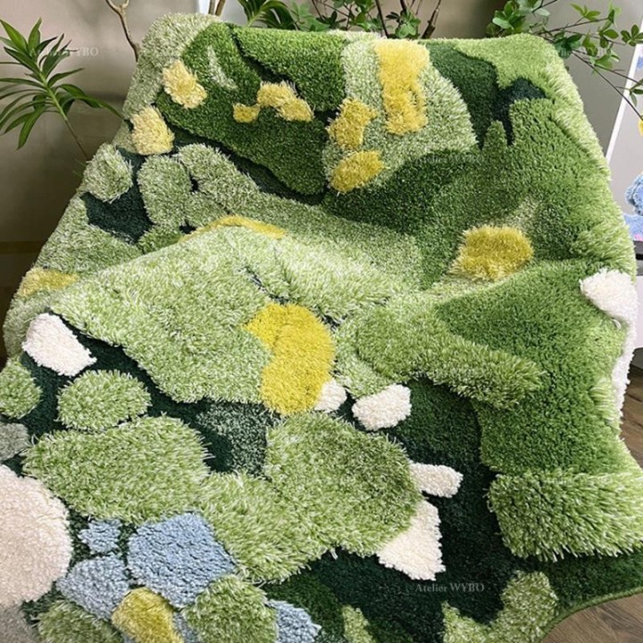 Tapis Vert et Jaune en Relief Salle de Bain Sous-Bois Pelouse Mousse Lichen