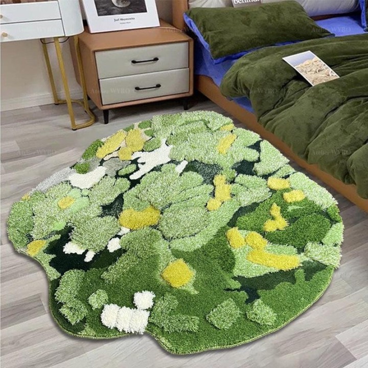 Tapis Vert et Jaune en Relief Salle de Bain Sous-Bois Pelouse Mousse Lichen