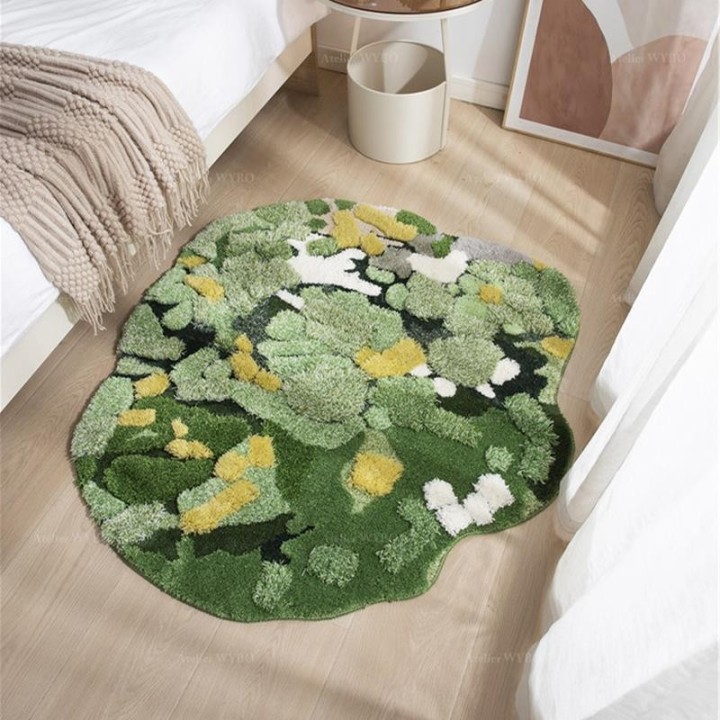 Tapis Vert et Jaune en Relief Salle de Bain Sous-Bois Pelouse Mousse Lichen