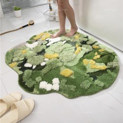 Tapis lavable absorbant velours en relief sous-bois dans la forêt - Mousse verte et jaune, lichen blanc