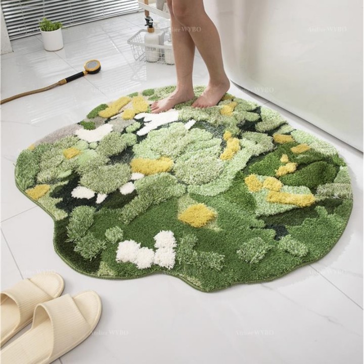 Tapis Vert et Jaune en Relief Salle de Bain Sous-Bois Pelouse Mousse Lichen