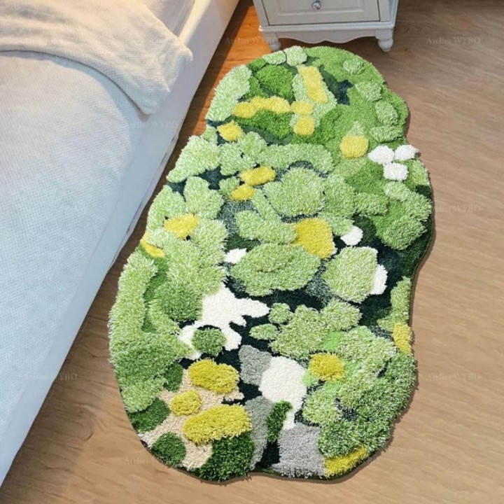 Tapis 3D Lavable Salle de Bain Descente de Lit Herbe Verte Mousse Jaune