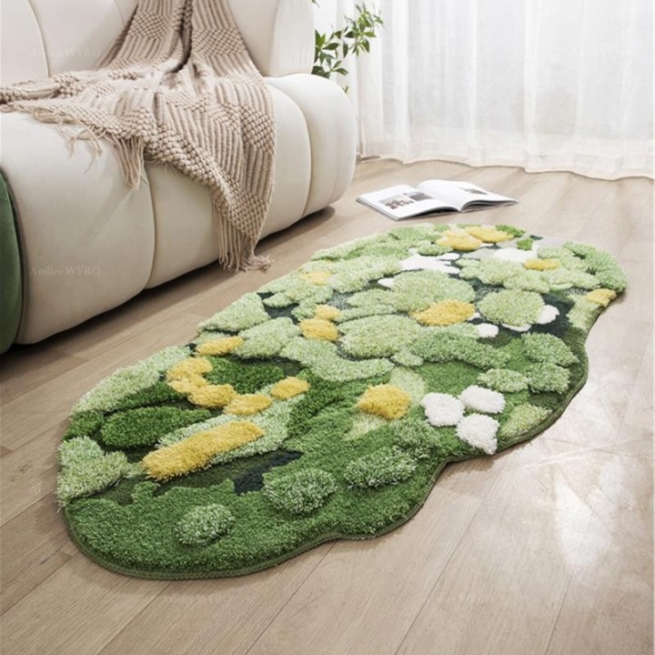 Tapis 3D Lavable Salle de Bain Descente de Lit Herbe Verte Mousse Jaune