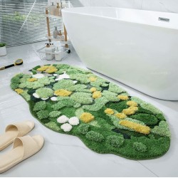 Tapis épais en relief pelouse verte lichen jaune pour salle de bain sortie de baignoire.
