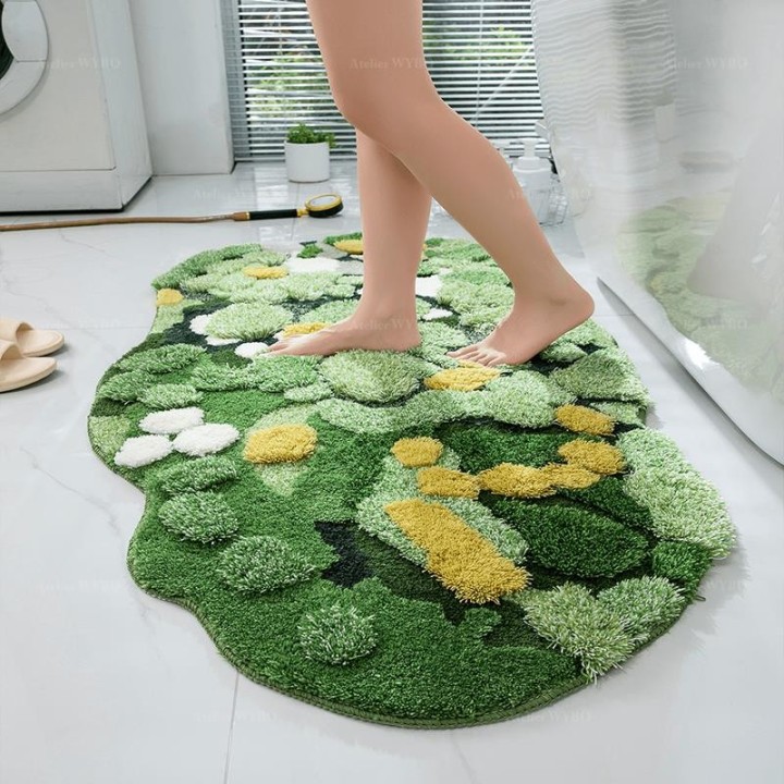 Tapis 3D Lavable Salle de Bain Descente de Lit Herbe Verte Mousse Jaune