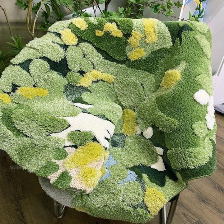 Tapis 3D Lavable Salle de Bain Descente de Lit Herbe Verte Mousse Jaune