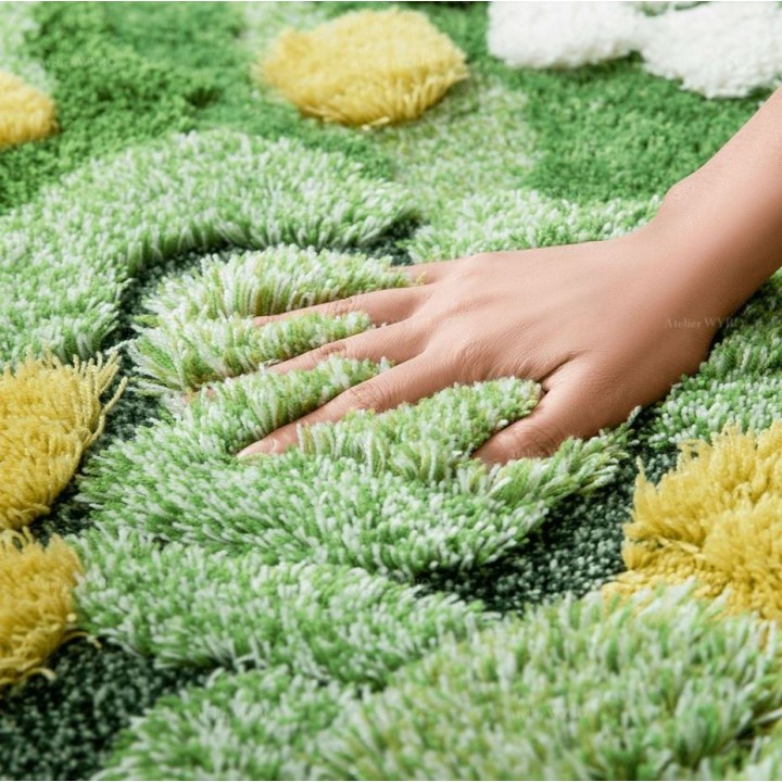 Tapis 3D Lavable Salle de Bain Descente de Lit Herbe Verte Mousse Jaune