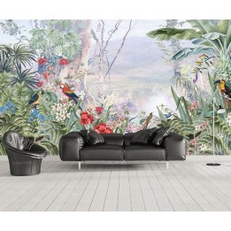 Papier peint tropical paysage dans le brouillard - Les plantes, les fleurs et les oiseaux dans la vallée