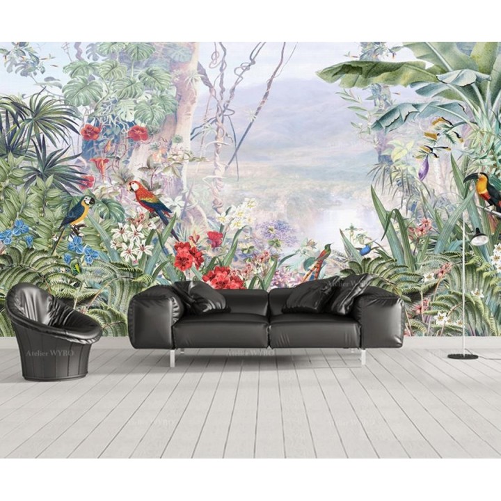 Papier peint tropical paysage dans le brouillard - Les plantes, les fleurs et les oiseaux dans la vallée
