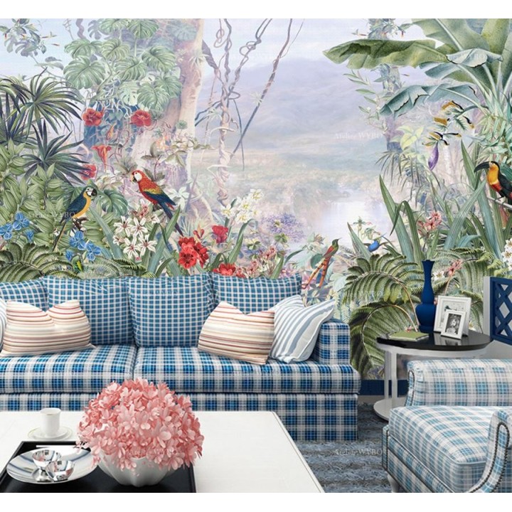 papier peint panoramique sur mesure pour salon, jungle dans la brouillard.