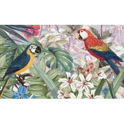 Papier peint tropical perroquets multicolores et fleurs exotiques.