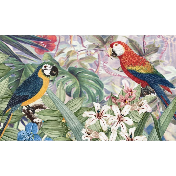 Papier peint tropical perroquets multicolores et fleurs exotiques.