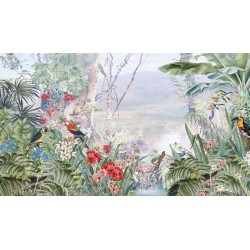 Tapisserie tropicale en soie texturée un seul tenant, plantes fleurs et oiseaux exotique dans la forêt Amazonie.