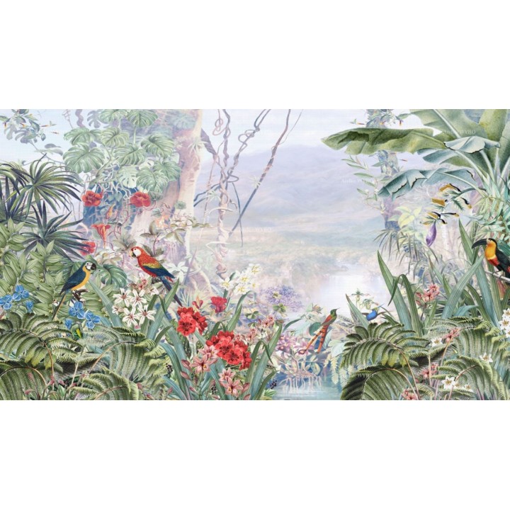 Tapisserie tropicale en soie texturée un seul tenant, plantes fleurs et oiseaux exotique dans la forêt Amazonie.