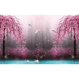 tapisserie numérique paysage fantaisie les cygnes avec les fleurs rose