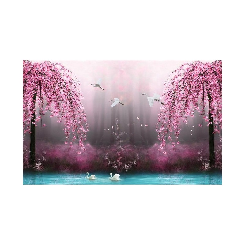 Tapisserie paysage fantaisie - Les cygnes avec les fleurs rose